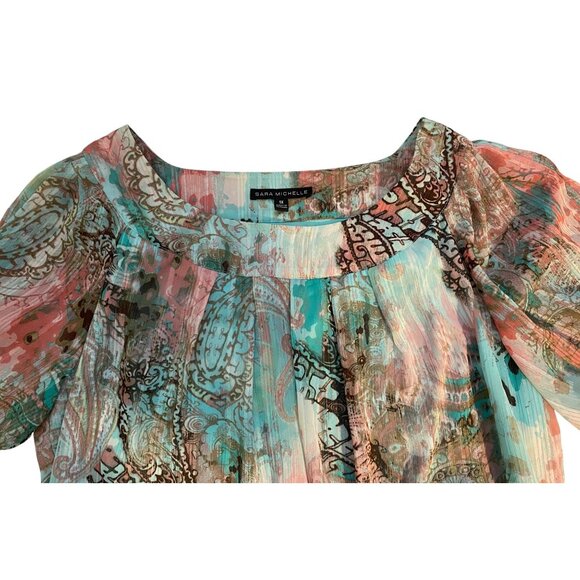 Sara Michelle Womens 1X Teal Pink Paisley Short Sleeve Top Lined Flowy Feminine - Picture 15 of 16